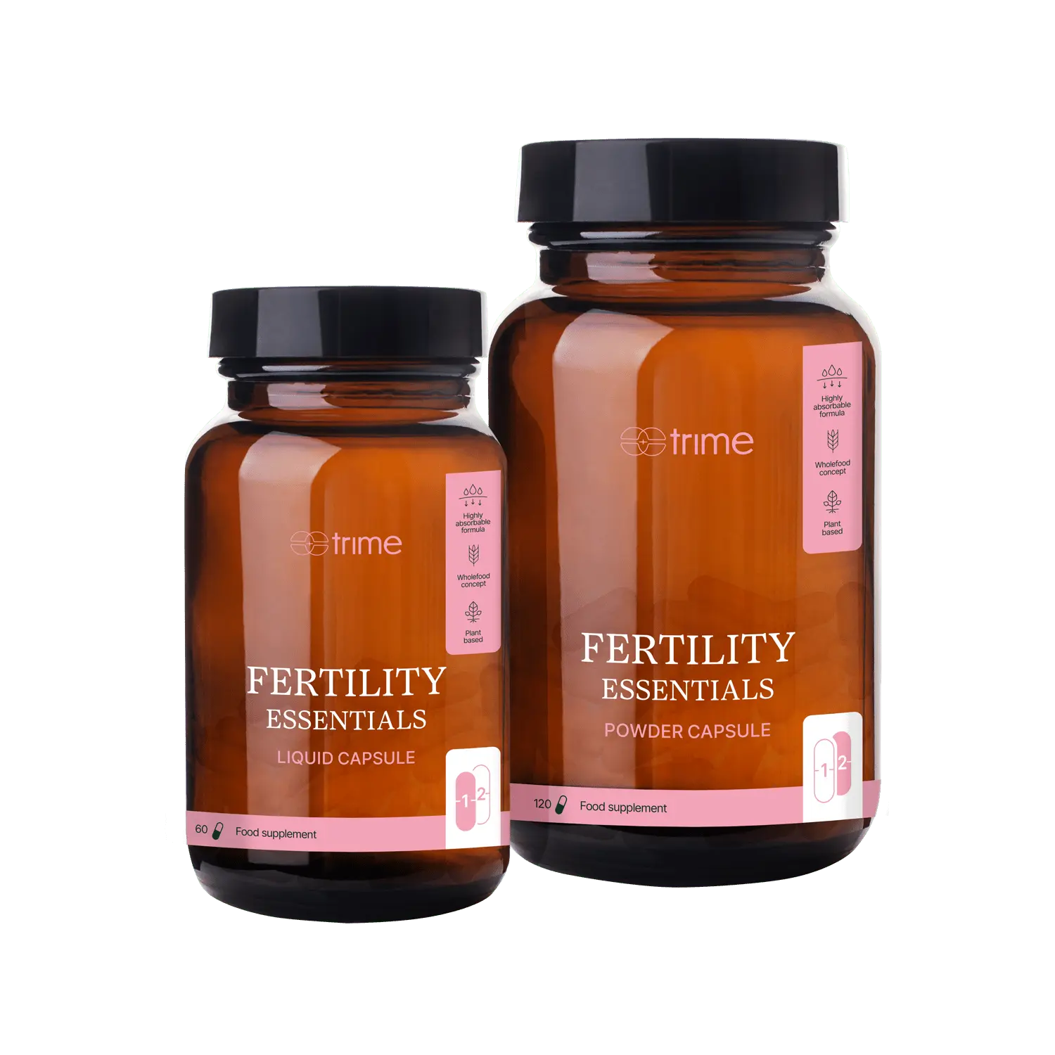 Two bottles of 'Fertility Essentials' supplements by Strime on a transparent background