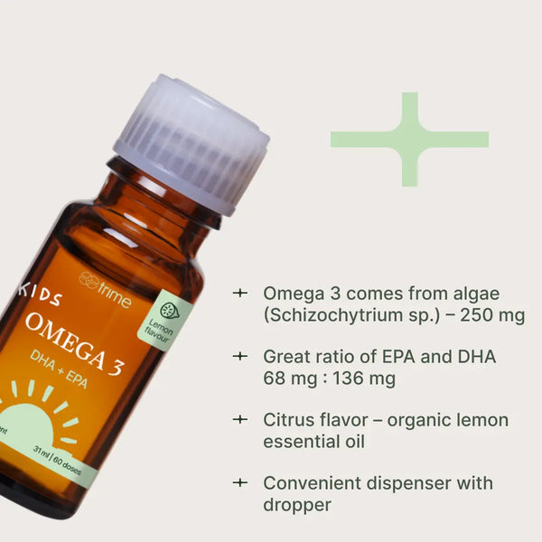 Kids Omega 3 bottle with key facts: 250 mg algae omega-3, EPA and DHA ratio, organic lemon oil, dropper